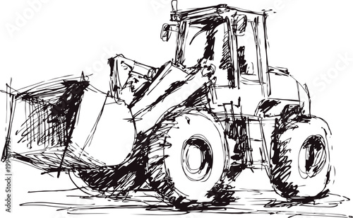 Sketch of a bulldozer with large scoop loader on wheels, heavy equipment machinery drawing