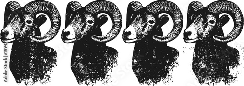 Four monochrome black bighorn sheep heads in profile vector design with curled horns
