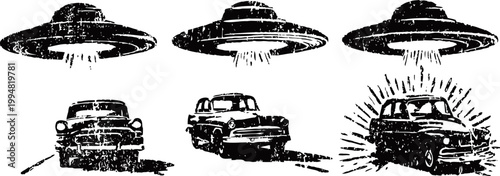 Ufo abducting car, black and white illustration sequence with flying saucer and vintage vehicle