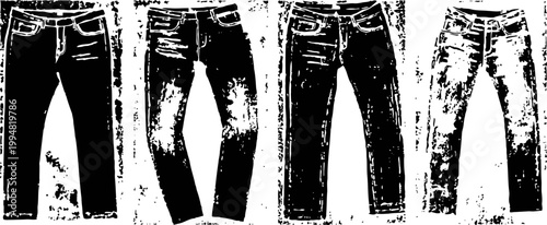 Four different styles of worn denim jeans isolated on white background