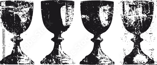Four vintage medieval chalices silhouettes with distressed grunge texture on white background