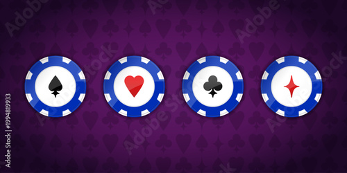 Set of casino chips with playing card suits symbols Hearts, Spades, Diamonds and Clubs on purple gradient background. Vector illustration
