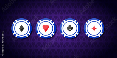 Casino chips with playing card suits symbols Hearts, Spades, Diamonds and Clubs on purple gradient background. Vector illustration