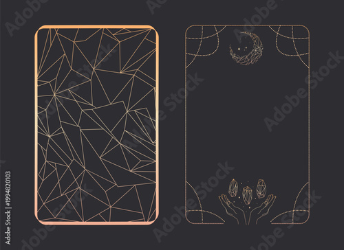 Celestial frame for Tarot cards with magical crystals and a crescent moon. Vector illustration