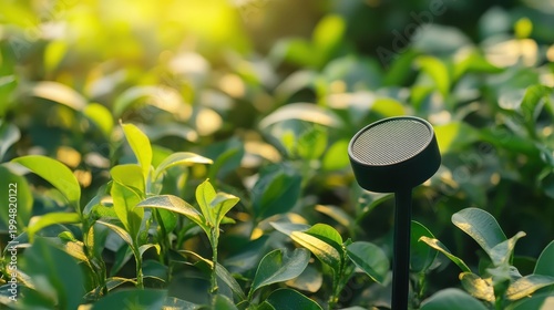 Solar powered garden light illuminating lush green foliage during golden hour
