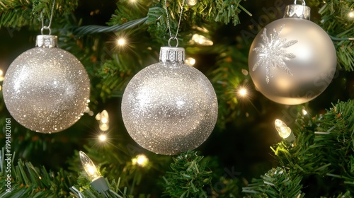 Sparkling silver Christmas ornament with festive lights on a decorated tree