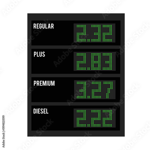 Fuel price on pixel screen isolated on white background. Mockup gasoline cost digital numbers on LCD billboard. Vector stock