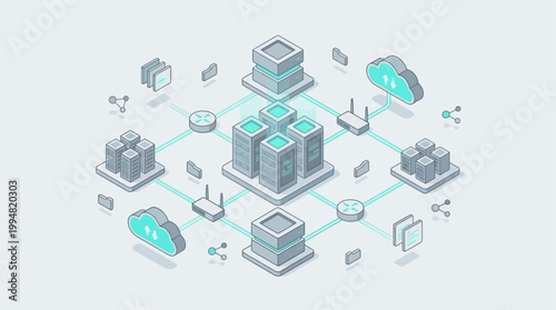 Abstract isometric digital data center illustration with servers and cloud connections