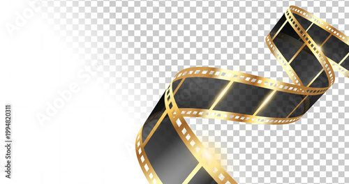 Golden curved filmstrip on checkered background. Movie film concept template. Vector illustration