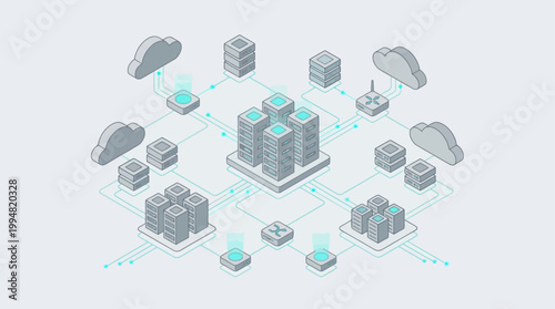 Abstract network infrastructure illustration featuring interconnected servers, clouds, and data flow