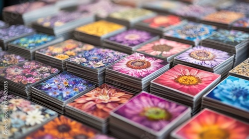 Stacks of Vibrant Floral Postcards Displayed in Organized Rows with Colorful Designs
