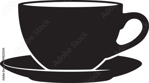 Black coffee cup, tea cup icon, mug and saucer, vector silhouette
