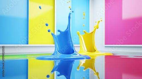 Vibrant blue and yellow paint splashes in dynamic motion against a bright, colorful background