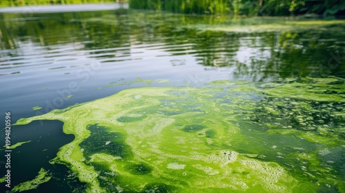 Vibrant green algae bloom forming intricate patterns on the surface of polluted water under natural lighting
