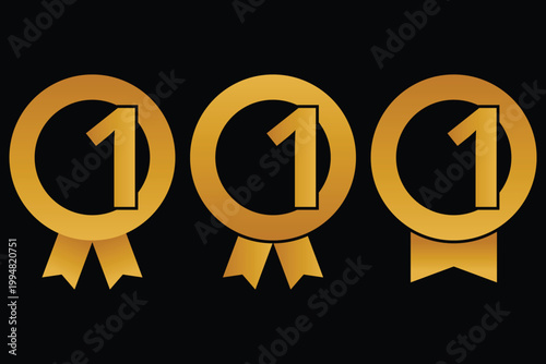Gold Number One Award Badge Vector Set With Ribbon Winner Medal First Place Achievement Symbol Premium Quality Design Isolated On Black Background