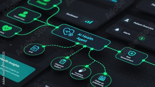 AI Health Agent system diagram showcasing diagnosis, treatment, and monitoring capabilities