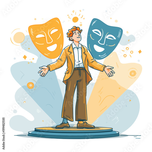 Actor on Stage with Comedy and Tragedy Masks