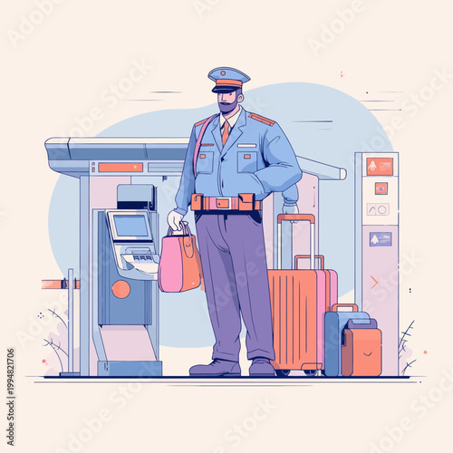 Airport security officer assists travelers with luggage