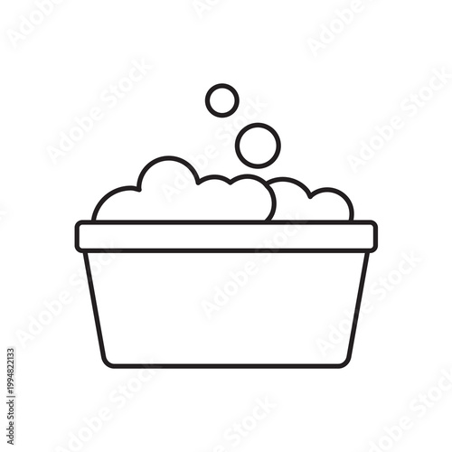 Line vector illustration of a bucket or wash basin filled with soapy foam for cleaning.