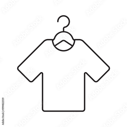 Line vector illustration of a clean t-shirt hanging on a clothes hanger, representing wardrobe and dry cleaning.