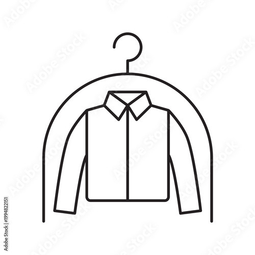 Line vector illustration of a shirt or suit protected in a garment cover bag for dry cleaning.
