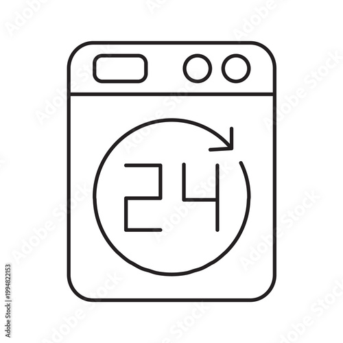 Line vector illustration of a washing machine with a 24 hours sign, representing nonstop laundromat services.