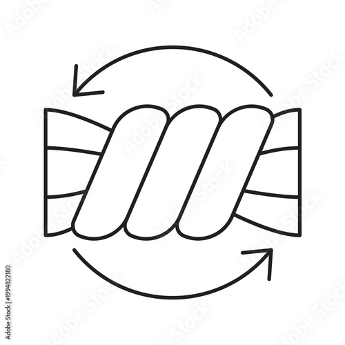 Line vector illustration of a wringing symbol surrounded by circular arrows representing spin cycle.