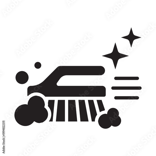 Solid vector illustration of a scrub brush with soap bubbles, representing household cleaning, washing, and laundry chores.