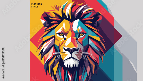 Flat lion illustration in vibrant colors and geometric style