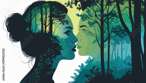 Silhouettes of two women sharing a serene moment surrounded by lush green forest