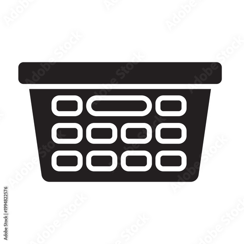 Solid vector illustration of a plastic laundry basket or hamper for storing dirty clothes.