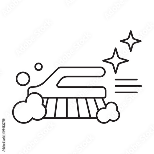 Line vector illustration of a scrub brush with soap bubbles, representing household cleaning, washing, and laundry chores.