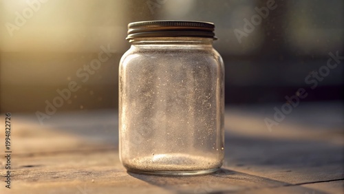 Empty Glass Jar Surrounded by Dust Particles in Soft Light