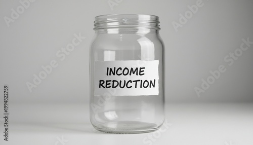 Empty Savings Jar with Income Reduction Label for Financial Planning