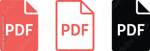 PDF document icon set, colorful and outline vector illustration of three stylized document file icons for digital files sharing storage and UI design.