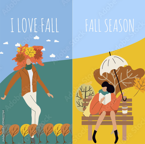 Vertical background, autumnal mood, I love autumn, fall season, vector, hand-drawn illustration, people.