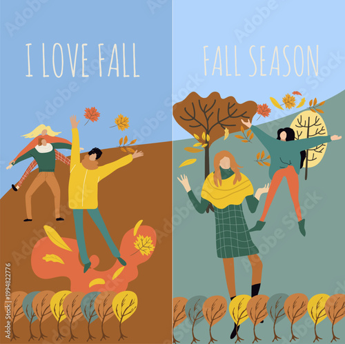 Vertical background, autumnal mood, I love autumn, fall season, vector, hand-drawn illustration, people.