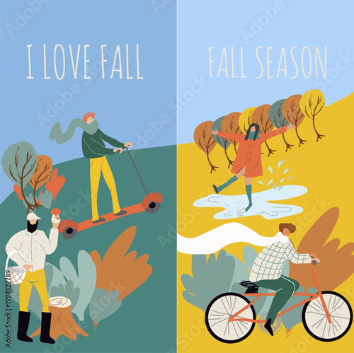 Vertical background, autumnal mood, I love autumn, fall season, vector, hand-drawn illustration, people.