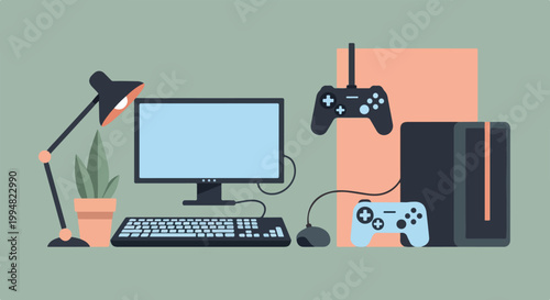 This minimalist vector illustration depicts a complete gaming setup featuring a computer, desk lamp, plant, and game controllers on a green background.