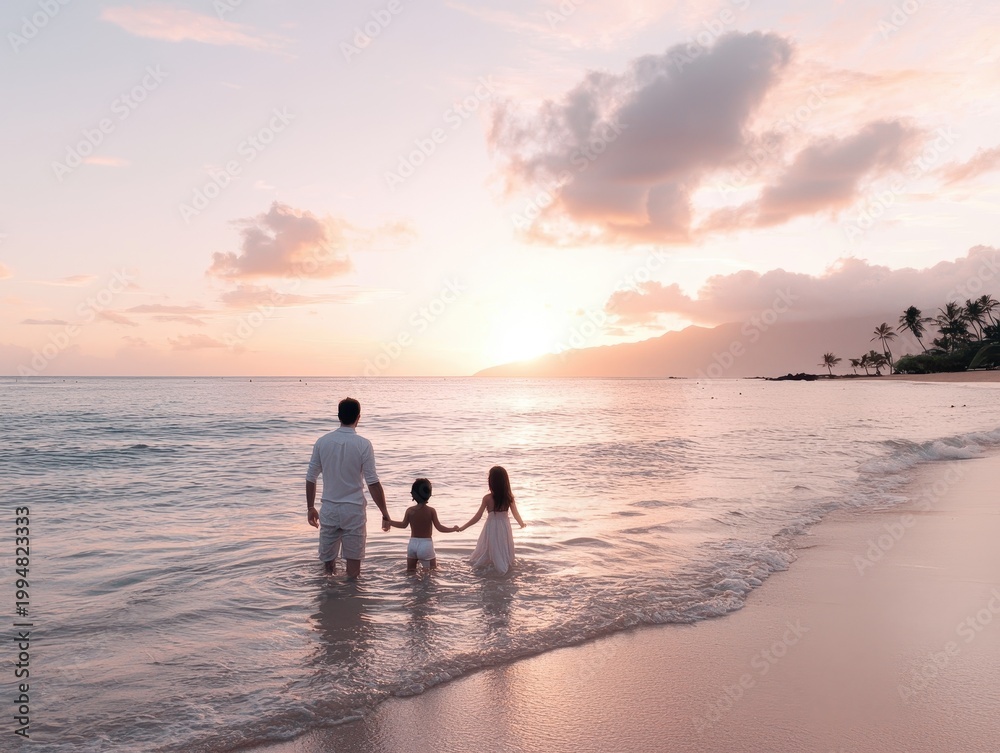 Fototapeta premium A father and two children walk hand-in-hand into the ocean at sunset, enjoying a peaceful beach moment with soft pastel skies and gentle waves.
