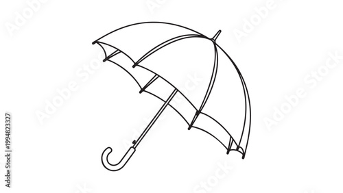 A detailed line drawing of an open umbrella with a curved handle and ribs on a white background