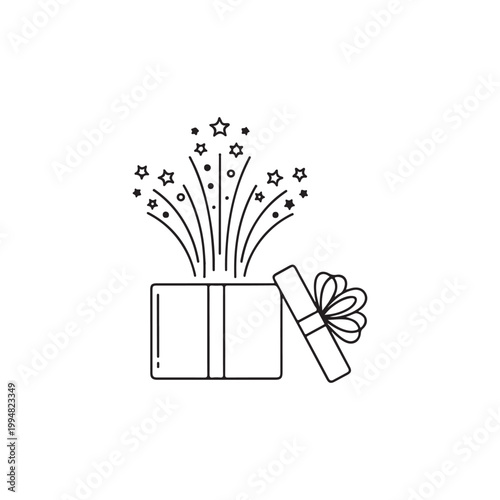 A black line drawing of a gift box with confetti and stars exploding out of it on white background