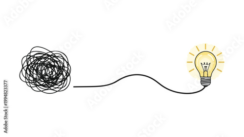 A tangle of black lines transforms into a smooth cord leading to a bright shining light bulb on white background