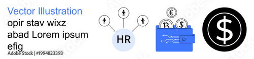 Human resources, financial management, monetization, career growth, digital finance, payroll systems. Diagram showing HR connections, wallet with currency symbols and dollar sign. HR and financial