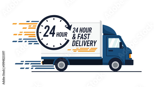 Vector graphic of a blue and white delivery truck with 24 hour fast delivery service on isolated white background