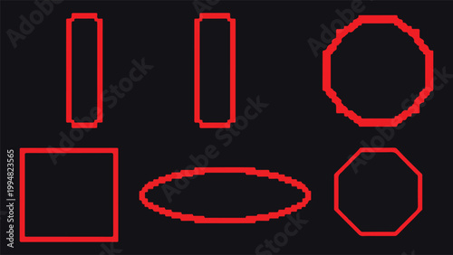 Collection of various geometric shapes with red outlines on dark background
