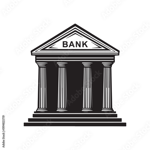 Black and white illustration of a bank building with columns isolated on white background