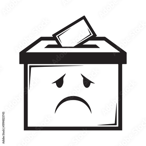 A black and white illustration of a ballot box with a frowning face and a piece of paper being inserted into the slot on top of it