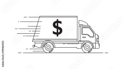 A black line drawing of a moving delivery truck with a dollar sign on the side isolated on white background