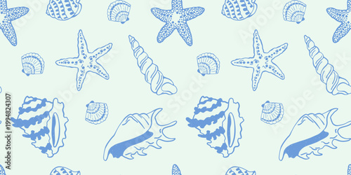 Seamless vector pattern with doodle seashells and starfish in soft blue tones on mint background Coastal summer design for textile, bedding, fabric print, wallpaper, wrapping paper, beach themed decor